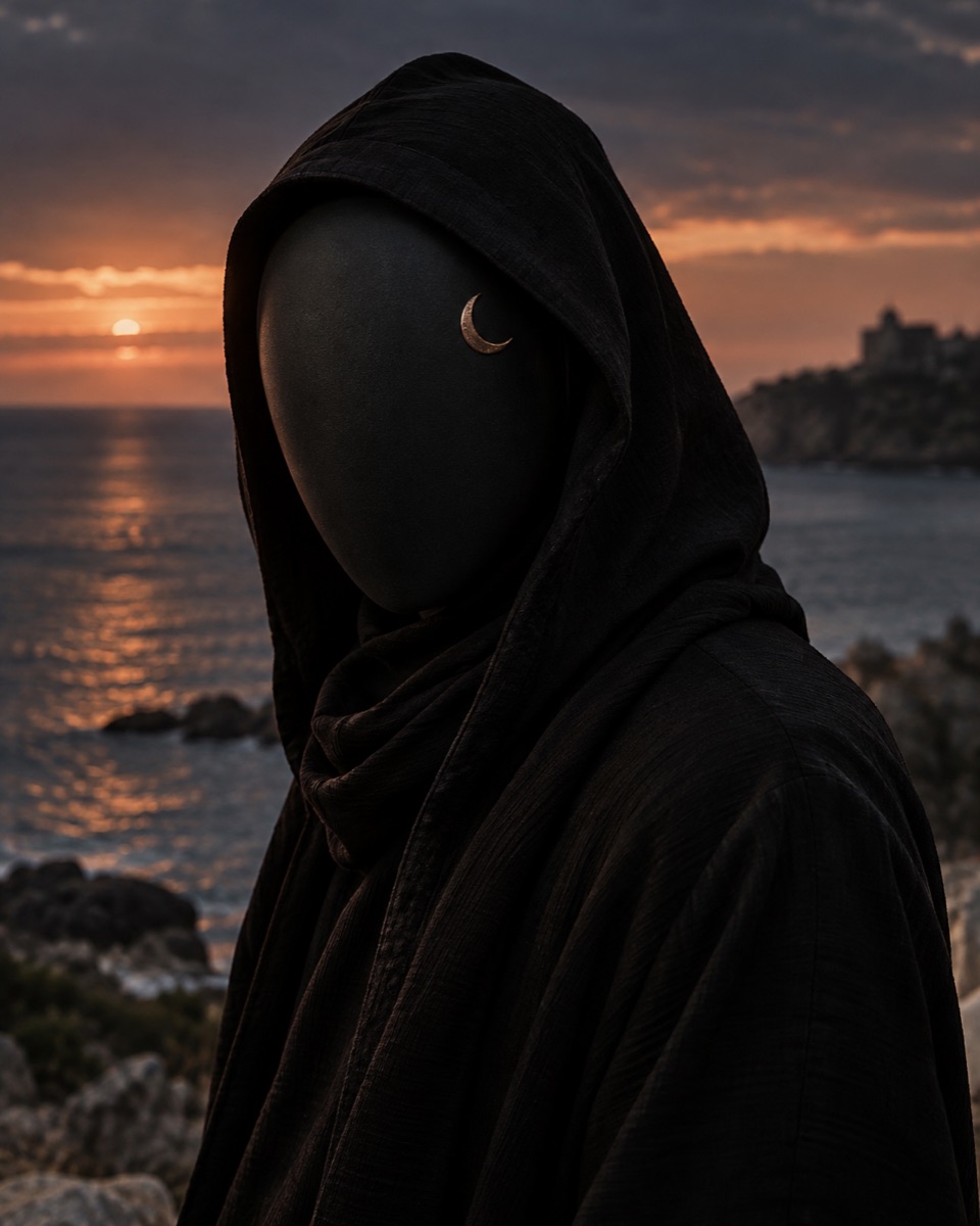 VESPER in a black hood and fully opaque matte black mask, marked with a copper crescent